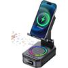 buwy Regalo Uomo Donna, Supporto Telefonico con Altoparlante Bluetooth, 5 in 1 con Ricarica Wireless, 7 Luci RGB, Base Antiscivolo, Telefonico Pieghevole con Cassa Bluetooth, Gadget Tech Ideale per papà