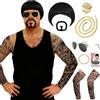 BITOYO Ibiza Final Boss Costume divertenti costumi con parrucca nera a scodella, retine per capelli, pizzetto, occhiali da sole, anello con catena d'oro e maniche con tatuaggi per feste di carnevale