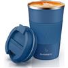 MOMSIV Tazza da caffè isolata, con coperchio a tenuta stagna, antiscivolo, riutilizzabile, in acciaio inox, ecologica, da viaggio, ufficio, per caffè e tè con acqua calda e fredda, 380 ml, blu scuro