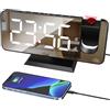Lancoon Sveglia digitale con proiezione sul soffitto, display a specchio a LED, 4 dimmer, snooze, doppia impostazione di allarme, per camera da letto, comodino, ufficio, uscita di ricarica USB,