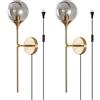 KCO - Applique da parete moderne con cavo a spina, set di 2 lampade da parete in vetro grigio fumé con interruttore on/off, con braccio lungo, lampade da parete industriali in oro medio secolo per
