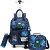 Egchescebo Zaino con Rotelle Bambino Tasche Multifunzionali Spazio Astronauta Trolley Zainetto Asilo Scuola Elementare Primaria Borsa Pranzo Portamatite Grande Carrello Valigia Ragazzo Viaggio Blu