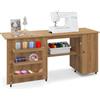 GIANTEX 2 in 1 Mobiletto Pieghevole Cucito, Armadio Versatile in Legno per Macchina da Cucire con Ruote, 3 Mensole e 1 Armadietto, per Salone/Salotto/Ufficio, Carico di 55kg, 158x50x75cm (Naturale)