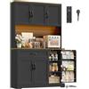 FirFurd 180.5 cm Credenza Cucina Alta con Presa Integrata e Luce LED Nero | Mobile Cucina a Cassetti｜Porta Interna Con Ripiani Per Spezie｜Ripiani Regolabili｜Ampio Piano di Lavoro｜100.2x38.6x180.5 cm
