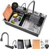 HZKSINNK Lavello da Cucina a Cascata 90x50cm, 1 Vasche Nero Multifunzionale in Acciaio Inox, con Rubinetti Estensibili, Tagliere, Sifone, Set di Scarico e Ricircolo, Accessori Completi per Lavello a