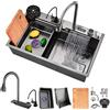 HZKSINNK 75x50cm Lavello da cascata nero, multifunzionale Lavello Cucina 1 Vasca in Acciaio Inox, con Rubinetto Estraibile, sifone e Set di Drenaggio, e vari accessor, lavello domestico set
