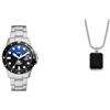 Fossil Orologio da uomo Blue Dive e Collana, acciaio inossidabile argento, Set