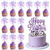 YEAMLTE Decorazione Torta Compleanno, 21 PCS Topper Happy Birthday Glitter Viola con Picks Cupcake Fuochi d'Artificio, Cake Topper Compleanno, Kit Decorazioni Torta per Festa Compleanno Bambina