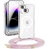 DiDaDi Custodia magnetica Cover per iPhone 15 con cordino [compatibile con MagSafe] 2 pellicole protettive, 1 protezione per fotocamera in vetro, Collana con cordino regolabile (oro rosa)