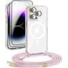 DiDaDi Custodia magnetica Cover per iPhone 16 Pro Max con cordino [compatibile con MagSafe] 2 pellicole protettive, 1 protezione per fotocamera in vetro, Collana con cordino regolabile (oro rosa)