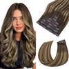 hotbanana Extension con clip in capelli veri, balayage da castano cioccolato a biondo caramello, Remy, senza cuciture, in poliuretano, 55 cm