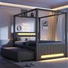 Yrxin Letto a baldacchino imbottito, 140 x 200 cm, con letto estraibile e tre cassetti, letto matrimoniale con illuminazione a LED, rete a doghe, letto per ragazzi, senza materasso (grigio)