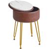 IBUYKE faux cuoio rotondo poggiapiedi sgabello con stoccaggio ottomano, trucco vanità sedia tavolo laterale, PU comodino sedile, copertura rimovibile, gambe in acciaio dorato, marrone scuro WBD024Z