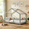 [en.casa] Letto per Cameretta a Forma di Casetta con Barriera di Protezione Letto Singolo in Stile Montessori per Bambini Struttura in Legno di Pino 80 x 160 cm Grigio Chiaro/Bianco