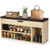 HOMASIS Scarpiera con Seduta Imbottita, Cassapanca Contenitore da Interno in Legno, Scaffale Portascarpe con 3 Scomparti e Cassetto per Ingresso, Corridoio, 104 x 30 x 48 cm (Naturale e Nero)