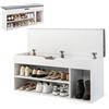 HOMASIS Scarpiera con Seduta Imbottita, Cassapanca Contenitore da Interno in Legno, Scaffale Portascarpe con 3 Scomparti e Cassetto per Ingresso, Corridoio, 104 x 30 x 48 cm (Grigio e Bianco)