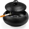 CAIXIANGYU Posacenere Retrò in Ceramica Nera con Coperchio, Antivento per Esterno - Ideale per Giardino, Balcone, Patio e Ufficio (Nero)