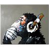 Fokenzary dipinta a mano pittura a olio su tela pop art Cool ape ascoltare musica cuffia con cornice pronta da appendere Tela 20x24in
