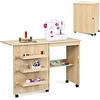 RELAX4LIFE Mobiletto per Macchina da Cucire Pieghevole su Ruote Bloccabili, Tavolo da Cucito in Legno con Ripiani Portaoggetti, Tavolino Cucito Multiuso da Studio e Salotto, 117,5x 40x 77cm (Beige)