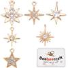 Beebeecraft 12 ciondoli a forma di stella, placcati in oro 18 carati, 6 stili, con zirconia cubica, con anello di salto, per gioielli fai da te, bracciali, collane, orecchini