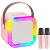AURIVEE® Cassa Karaoke con 2 Microfoni Wireless, Bluetooth 5.0, Suono 360°, Luci LED, 5 Effetti Vocali, Portatile per Bambini e Adulti, Regalo Compleanno Natale (Rosa)