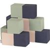 KiddyMoon Cubi Morbidi Schiuma 14 Cm, Blocchi Bambini, Fodera Cotone Zip Lavabile, Sensoriali, 12 Pezzi, Cubi: Blu Scuro/Beige/Salvia