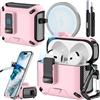 Joremx Compatibile con Custodia AirPods 4 con supporto per telefono, Cover in design fibra di carbonio per AirPods 4 versione ANC con chiusura automatica a scatto e pennello per pulizia (Rosa)