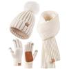 FISFET Set 3 in 1 da Donna: Cuffia con Pompon, Sciarpa e Guanti - Berretto Invernale Foderato in Pile, Touch Screen, Bianco, Taglia Unica