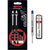 rOtring Tikky - Set di matite meccaniche e penna a sfera, mina HB, matita da 0,5 mm, gomma 30 BL3, penna a punta media, fusto nero, set con ricariche extra