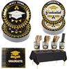 CEILIWEN Set da tavola per laurea per 30 ospiti, piatto, tazza, tovagliolo, cannuccia, posate, tovagliolo, decorazione per feste di laurea, 242 pezzi, nero e oro (set nero e oro)