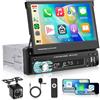 Hodozzy Autoradio 1 Din con Schermo Flip Out 7 Pollici Touch Screen Stereo Auto con Wireless Carplay Android Auto, Autoradio Bluetooth 1 Din Lettore MP5 con FM DSP Mirror Link TF/USB/AUX+ Telecamera