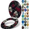Sanfino® Premio Sedile WC ammortizzato - Copriwater Universale di alta qualità in legno, tanti motivi colorati, seduta comoda, facile da montare con istruzioni di montaggio incluse - Rose Skull