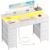 HLFURNIEU Scrivania con 8 Tessuto Cassetti, Tavolo Gaming con Presa di Corrente & Porta USB, Scrivania PC Salvaspazio con LED, Tavolo Ufficio con Supporto per Monitor (Bianco, 120 × 50 cm)