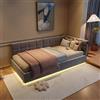 BSCFHCZ Divano Letto Singolo 90x200 cm in Velluto Grigio, Letto Contenitore Idraulico Salvaspazio, Letto Imbottito con Doghe, Luci LED RGB, Porte USB e Tipo C per Cameretta e Soggiorno, Nessun materasso