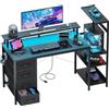 YOUDENOVA Scrivania da gioco con 4 cassetti in tessuto, 130 x 48 cm, reversibile, scrivania per computer con LED e presa, scrivania da ufficio con supporto per monitor, porta USB, tavolo per PC per
