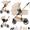 Shineey Passeggino trio,Carrellino per Bebè città 22kg con sedili,Passeggino pieghevole con vista alta,Buggy combinato pneumatici in gomma e vagone per bebè in alluminio (H9BEIGE, H9)
