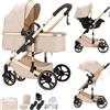 BEBBY passeggino trio, combinazione passeggino 3 in 1 cittadino con passeggino portatile con neonato pieghevole di lusso con modello ad alta vista (H9-BEIGE, H9)