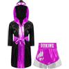 Oyolan Accappatoio da bambino con cappuccio, Muay Boxe e pantaloncini da boxe, vestito MMA Kick Boxing, C Nero&Rosa Brillante, 11-12 Anni
