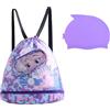 RevpoltIQ Borsa da nuoto per bambini con cuffia da nuoto per ragazze, separazione asciutta e bagnata, impermeabile, grande capacità, con coulisse, per spiaggia, piscina, viaggi, scuola