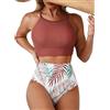 Herseas Bikini da Donna a Collo Alto, Stampa Foglie Tropicali, Vita Alta, Due Pezzi, Costumi da Bagno, Rosso Mattone, L