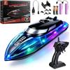 Auniq Barca Telecomandata per Bambini Adulti, 2,4 GHz Barca RC con luci RGB, Alta velocità 20 km/h Doppia elica Motoscafo Elettrico Autoraddrizzante Motoscafo Radiocomandato per Piscine e Laghi
