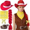 Maazusa Accessori per costume da cowboy per bambini, 5 pezzi, vestito da cowboy di Halloween, con parrucca rossa, cappello intrecciato, cintura, sciarpa quadrata, per cosplay, Halloween, carnevale