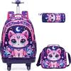 Egchescebo Zaino con Rotelle Bambina Trolley Zainetto Asilo Scuola Elementare Primaria 17" 3PCS a Media Carrello Ruote Piroettanti Valigia Ragazza Cavalcabile per Bambini Rullo Girevole Gatto Viola
