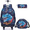 Egchescebo Zaino con Rotelle Bambini Trolley Zainetto Asilo Scuola Elementare Primaria 17" 3PCS a Media Carrello Ruote Piroettanti Valigia Ragazzi Cavalcabile per Rullo Girevole Dinosauri Blu