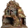 Chianese Presepe Artigianale con Mulino a Vento, Luci Integrate e Grotta per la Natività, Legno e Ceramica, 24x38x47 cm, Stile Tradizionale Napoletano | Presepe artigianale decorativo per interni