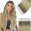 Easyouth Extension Adesive Capelli Veri 60 cm Ombre Biondo Extension Adesive Capelli Veri Balayage Marrone Chiaro a Cenere e Platino Extensions Adesivo Remy Lunghi Lisci #19/8/60 50g