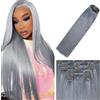 Lakaisa Straight Human Hair Extensions Clip In Extensions Capelli Veri Umani Naturali Capelli Real Human Hair Extensions Clip Invisible Grey 120g 7pcs for Women 14 Pollici