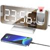 Lancoon Sveglia proiezione da soffitto a parete, allarme doppio, Snooze 12/24 H, ricarica USB, display a LED a specchio, 4 livelli di luce, intensità variabile, bianco