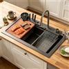 DSMRLEOP - Grande lavello singolo da cucina in acciaio inox, stile rustico a cascata di colore nero, postazione di lavoro con display digitale e rubinetto estraibile, set da 13 pezzi (70 x 46 cm)