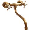 NIUKOMY Retro Miscelatore Lavello Cucina a Muro, Girevole 360° Rubinetto Cucina a Parete in Ottone Antico, Vintage Rubinetto Doppia Manopole Caldo e Freddo per Cucina Bagno Vasca Lavanderia